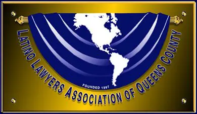 A blue and gold logo for the lawyers association of queens.